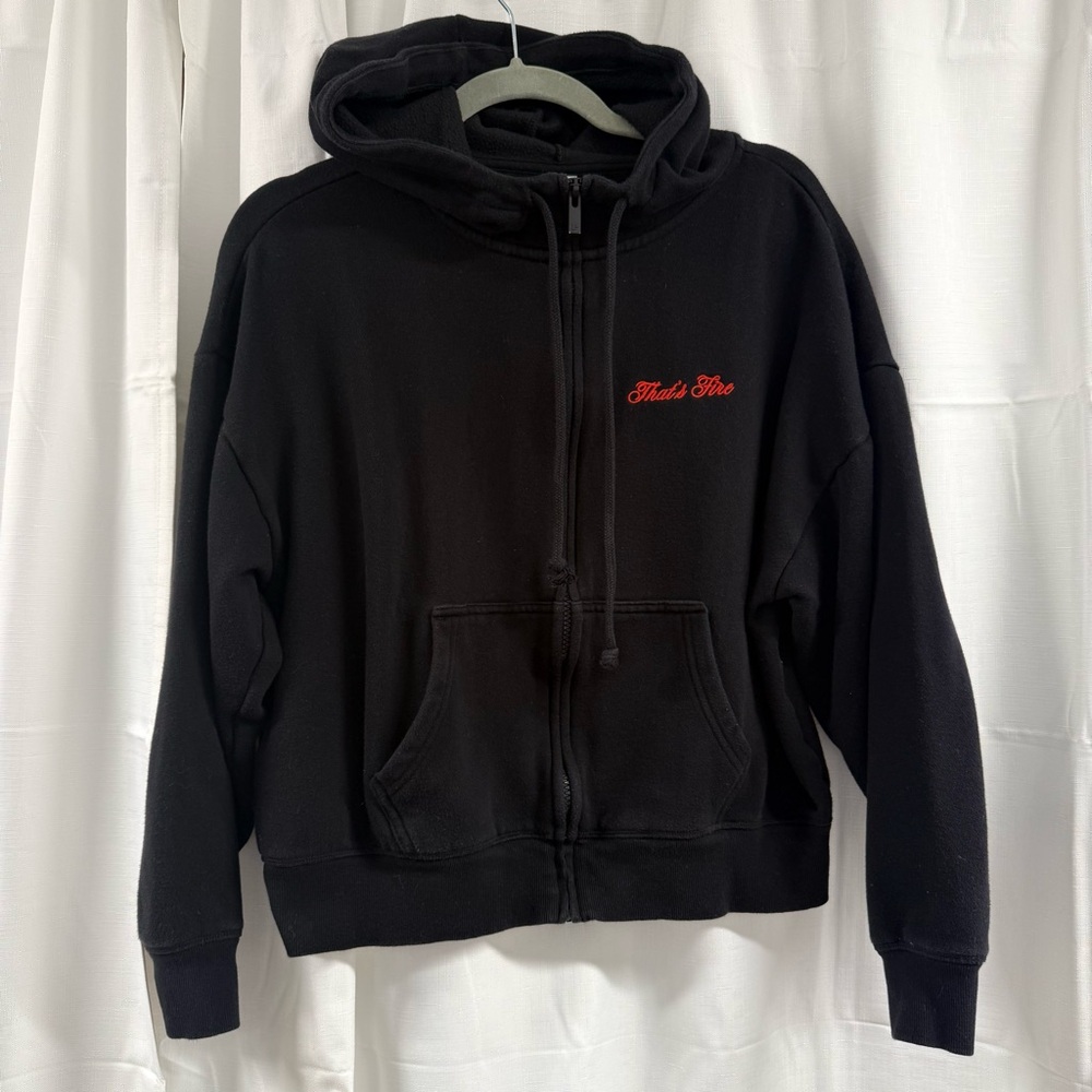 PINK Victoria’s Secret Black Flame Heart Zip Hoodie | Y2K Graphic Sweatshirt - S